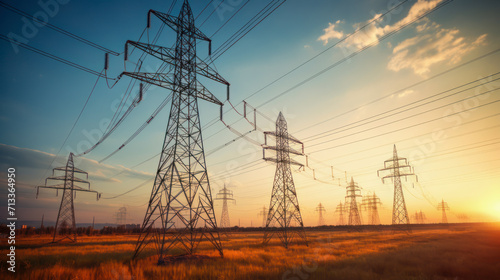 High Voltage Line And Electric Wire On Blue Sky Background photo