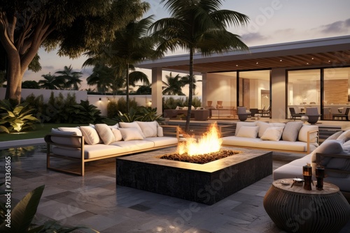 Well-designed outdoor lounge area with contemporary furniture and a fire pit photo