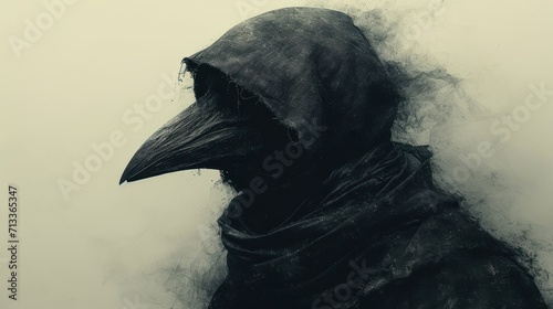 a black raven wearing a hooded cloak, standing in front of a white background with smoke billowing out of its beak