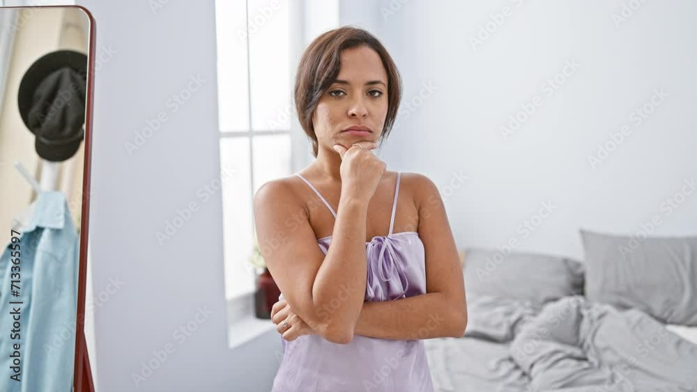 Confident smile, young, beautiful hispanic woman positively posing in pyjamas, sitting on bed, arms crossed, chin on hand, beaming at camera from her bedroom Confident smile, young, beautiful hispanic woman positively posing in pyjamas, sitting on bed, arms crossed, chin on hand, beaming at camera from her bedroom