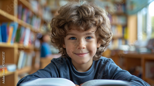 Happy beautiful boy reading a book in school liberary