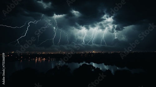 An electric storm illuminating the night sky over a city skyline -Generative Ai