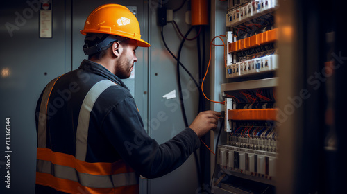 Male electrician working with fuse box