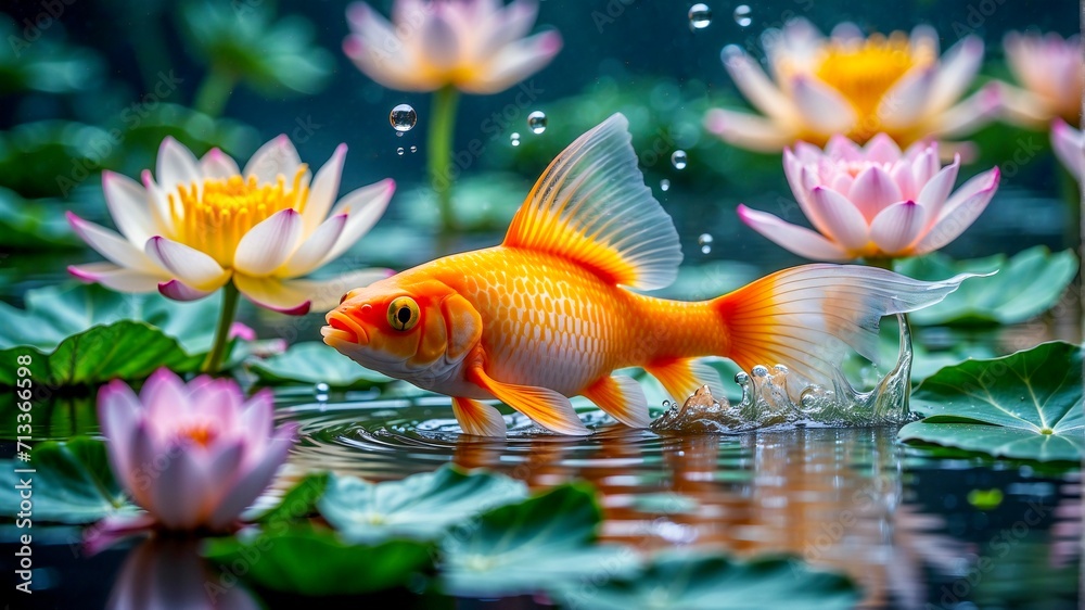 Fototapeta premium Goldfish in a pond with water lilies