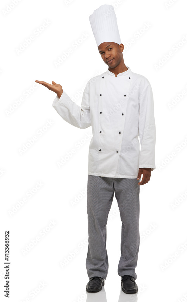 Portrait, chef and advertising with hands, professional and isolated guy on white studio background. African person, culinary expert or mockup space with career, food industry and employee uniform Portrait, chef and advertising with hands, professional and isolated guy on white studio background. African person, culinary expert or mockup space with career, food industry and employee uniform