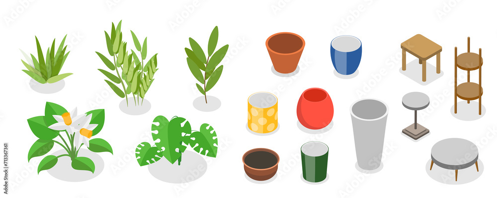 3D Isometric Flat  Set of Plants In Pots, Home Indoor Green Decor