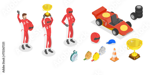 3D Isometric Flat Set of F1 Items, Formula 1 Objects