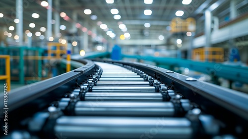 Motion blur conveyor belt in a factory warehouse. Industrial background.