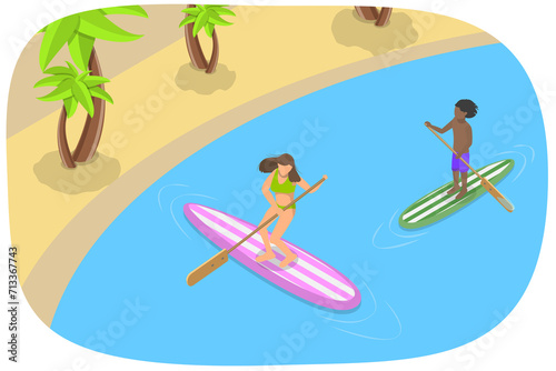 3D Isometric Flat  Conceptual Illustration of Sup Surfing, Stand Up Paddling