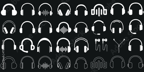 Headphone icons vector set, diverse styles: classic, modern, earbuds, wireless. Perfect for web design, apps. White symbols on black background, audio equipment, music listening devices photo