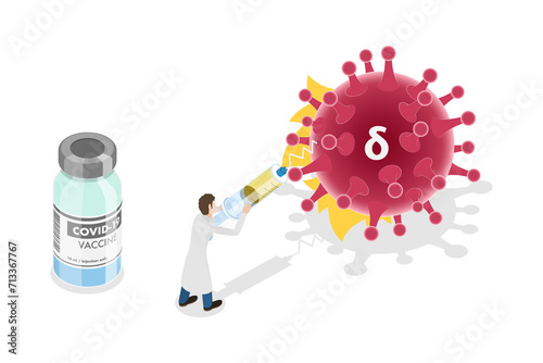 3D Isometric Flat Conceptual Illustration of Virus Variant Immunity Escape, Immune Booster Shot