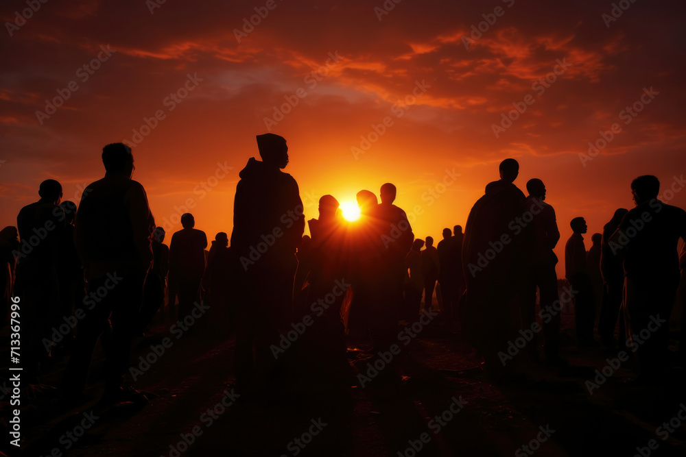 Fototapeta premium Group sunset black silhouette person sun travel sky nature evening crowded sunrise