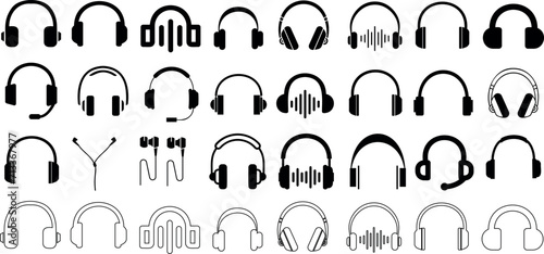 Headphone Icons Vector Set, Diverse headphone Styles, Audio, Music Listening. Perfect for Web Design, Apps, Software Interface. Modern Aesthetic photo