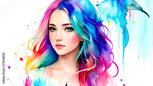 illustration water color of a beautiful asian woman with bright colorful hair © iLegal Tech