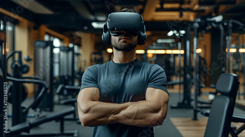 Photograph of one man at the gym wearing a VR headset.