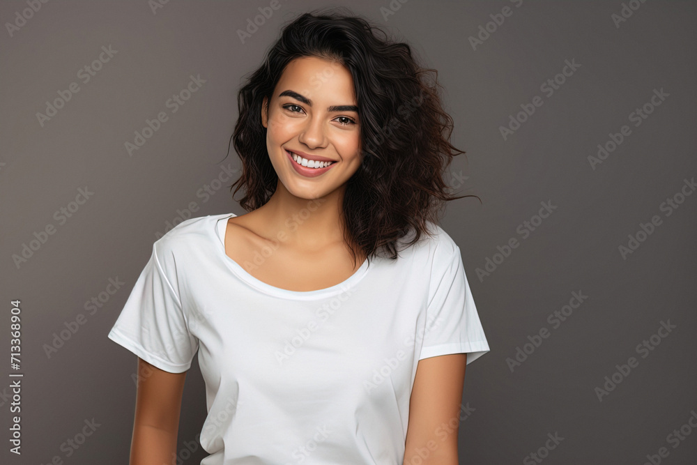 Young Lebanese Woman Pointing and Smiling at Camera, Casual T-Shirt Attire Young Lebanese Woman Pointing and Smiling at Camera, Casual T-Shirt Attire