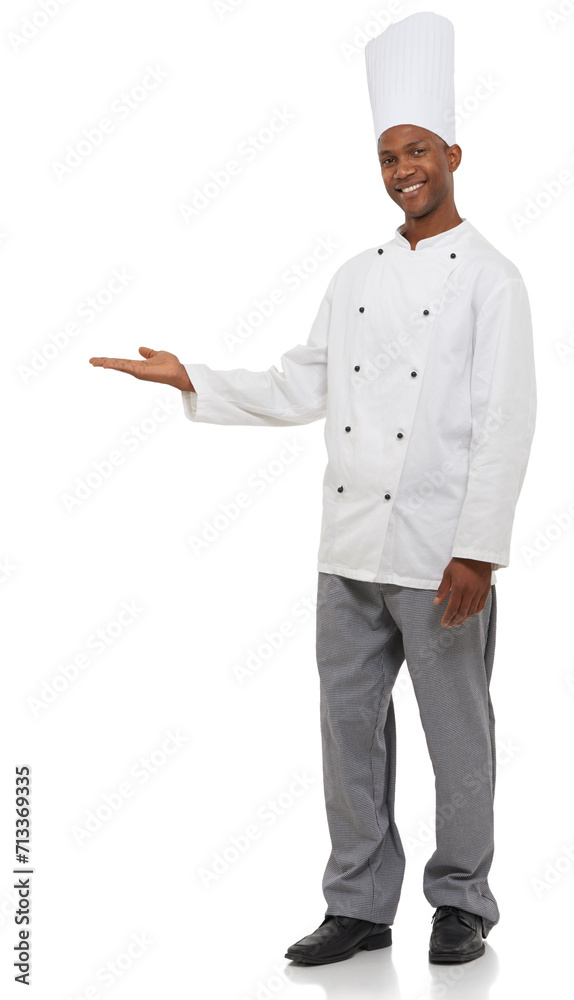 Portrait, smile and black man chef with hand pointing to studio for checklist, menu or promo on white background. Bakery, presentation or face of male baker showing food tips, guide or sign up info Portrait, smile and black man chef with hand pointing to studio for checklist, menu or promo on white background. Bakery, presentation or face of male baker showing food tips, guide or sign up info