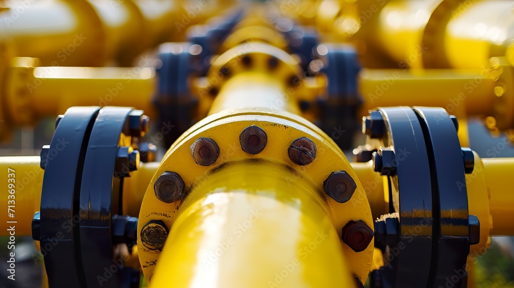 Gas pipeline with safety valve in the gas pipeline industry. Yellow pipeline power equipment. Fuel energy technology concept. Gas pipeline with safety valve in the gas pipeline industry. Yellow pipeline power equipment. Fuel energy technology concept.