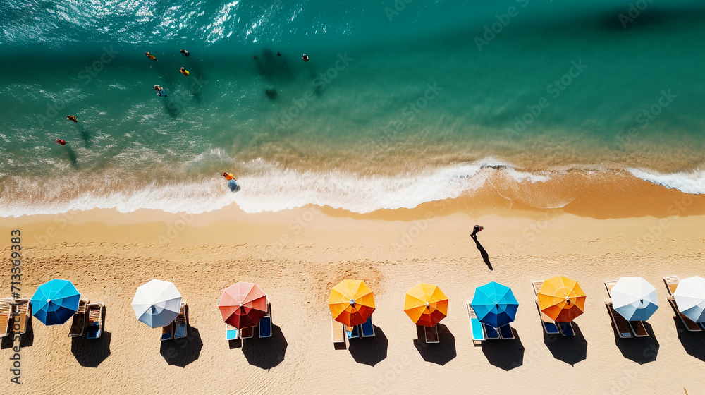 AI Generated Top view of stunning beach scene with colorful umbrella and sunbed, aerial view of sea beach, sea side drone view AI Generated Top view of stunning beach scene with colorful umbrella and sunbed, aerial view of sea beach, sea side drone view
