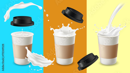 paper cup with paper sleeve filled with milk splash liquid and background color, blue, orange