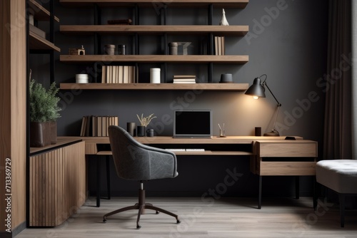 Stylish home office space with minimalist desk, ergonomic chair, and efficient storage solutions