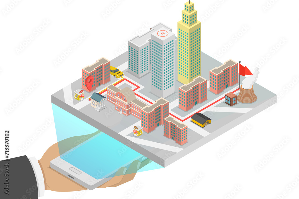 3D Isometric Flat  Conceptual Illustration of Taxi Service Mobile Application, Online Service