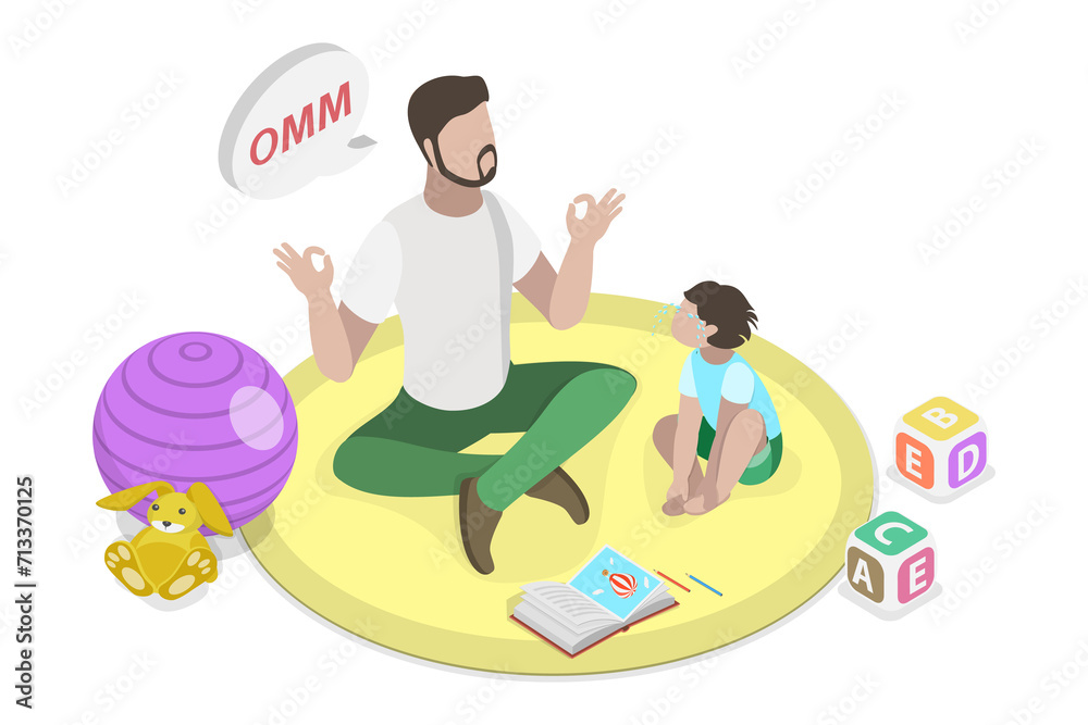 3D Isometric Flat  Conceptual Illustration of Calm Dad, Parenting and Fatherhood