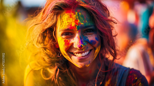 girl enjoying colourful holi with smiling face, celebration of holi, Generative Ai