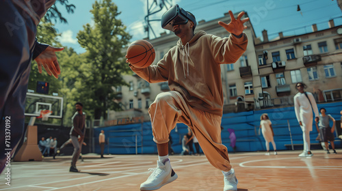 Photograph of one man playing basketball wearing a VR headset.