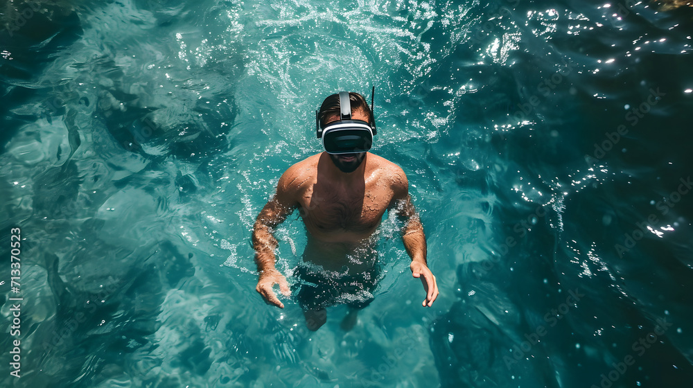 Photograph of one man swimming at sea wearing a VR headset.