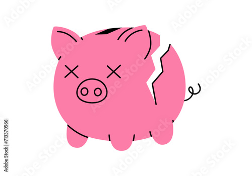 Hand drawn cute cartoon illustration of broken piggy bank. Flat vector cracked moneybox for savings sticker in colored doodle style. Financial problem or bank credit icon or print. Isolated.
