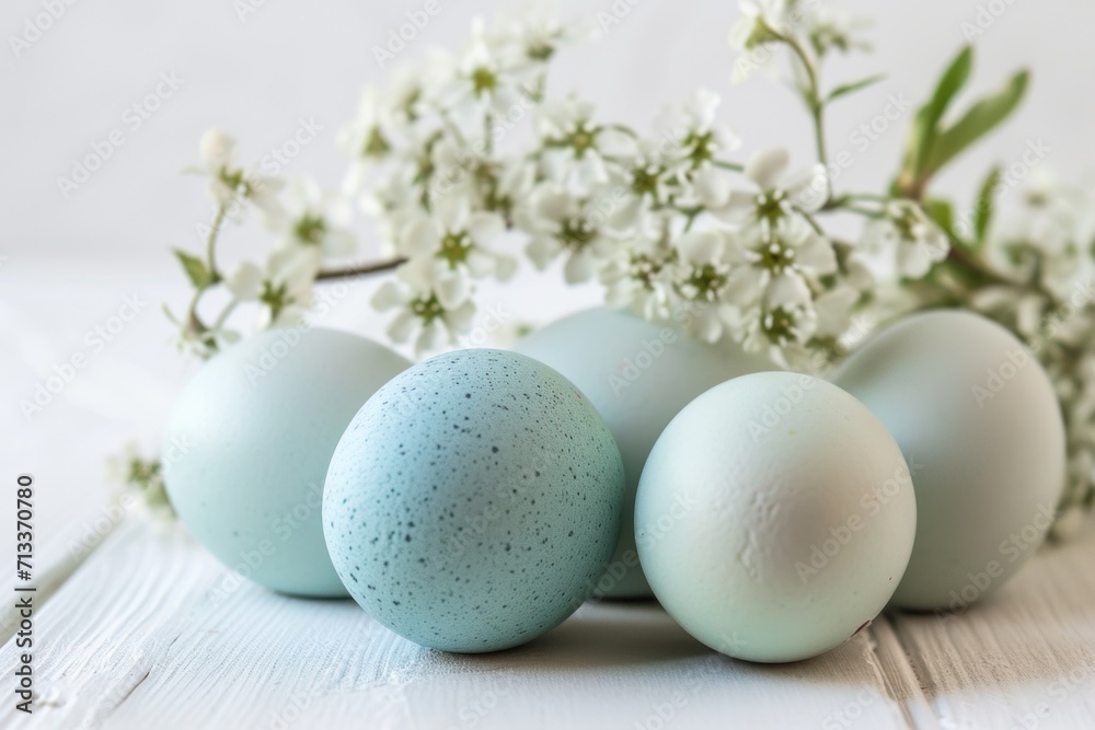Minimalist egg arrangement symbolizing spring, subtle shades of blue and green, clean and serene