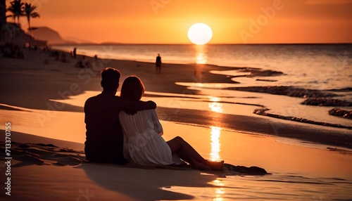Image of dusk on the beach with a couple sitting together on the sand, creating a romantic atmosphere by the sea, valentine's day concept