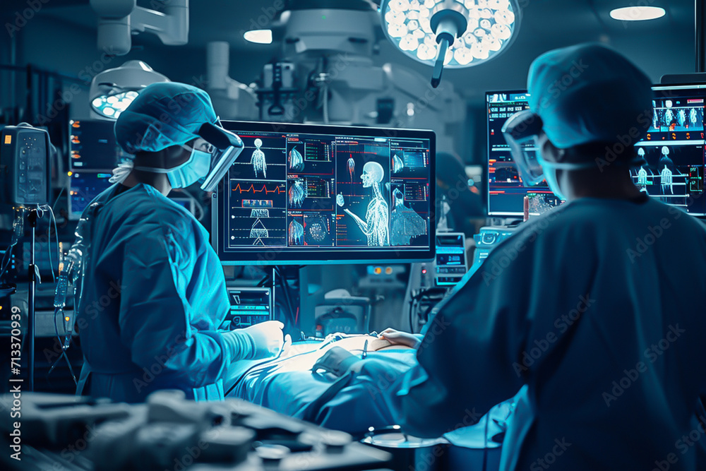 Collage of various AI technologies being used in a surgical setting, such as robotic arms, computer screens displaying AI algorithms, and surgeons consulting AI interfaces
Collage of various AI technologies being used in a surgical setting, such as robotic arms, computer screens displaying AI algorithms, and surgeons consulting AI interfaces