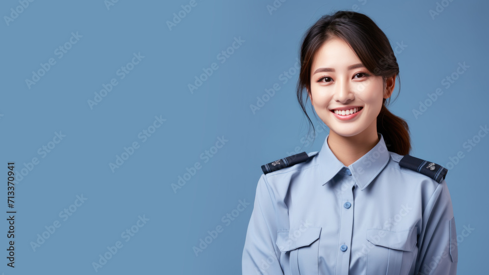 Asian woman in prison officer uniform isolated on pastel background Asian woman in prison officer uniform isolated on pastel background
