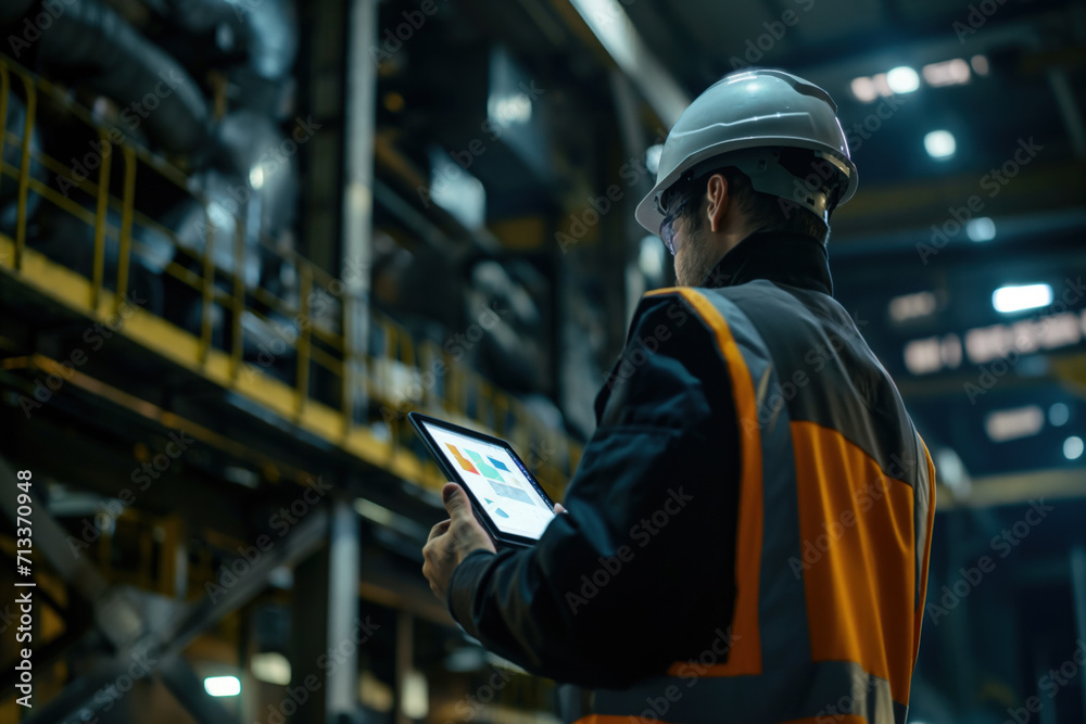 Heavy industrial equipment operator uses tablet for work in plant