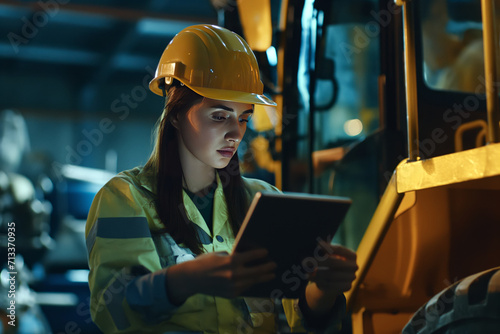 Heavy industrial equipment operator uses tablet for work in plant. Young woman.  © Marraco