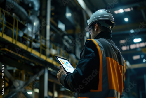 Heavy industrial equipment operator uses tablet for work in plant