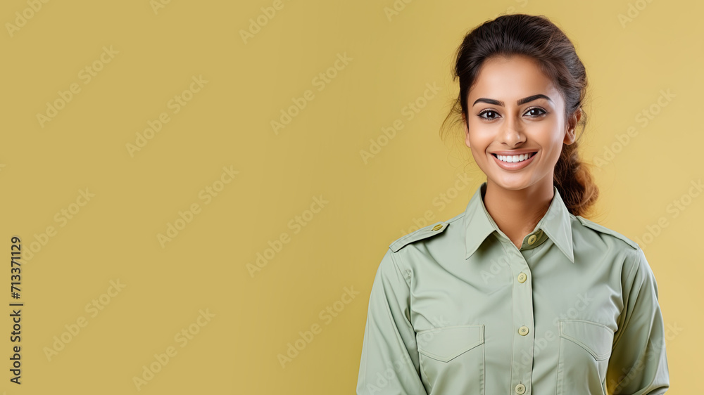 Indian woman in public transportation uniform on pastel background Indian woman in public transportation uniform on pastel background