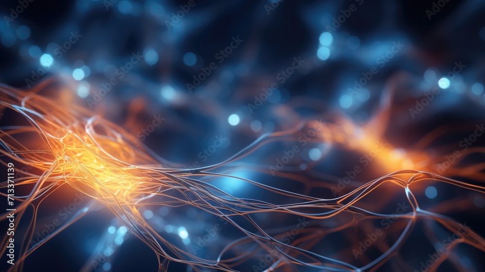 Glowing blue and orange synapses in human or futuristic medical science technology cyborg brain dark background Glowing blue and orange synapses in human or futuristic medical science technology cyborg brain dark background