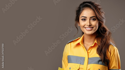 Indian woman in public transportation uniform on pastel background