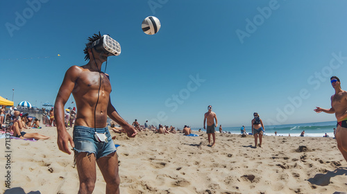 Photograph of one man playing volleyball wearing a VR headset.