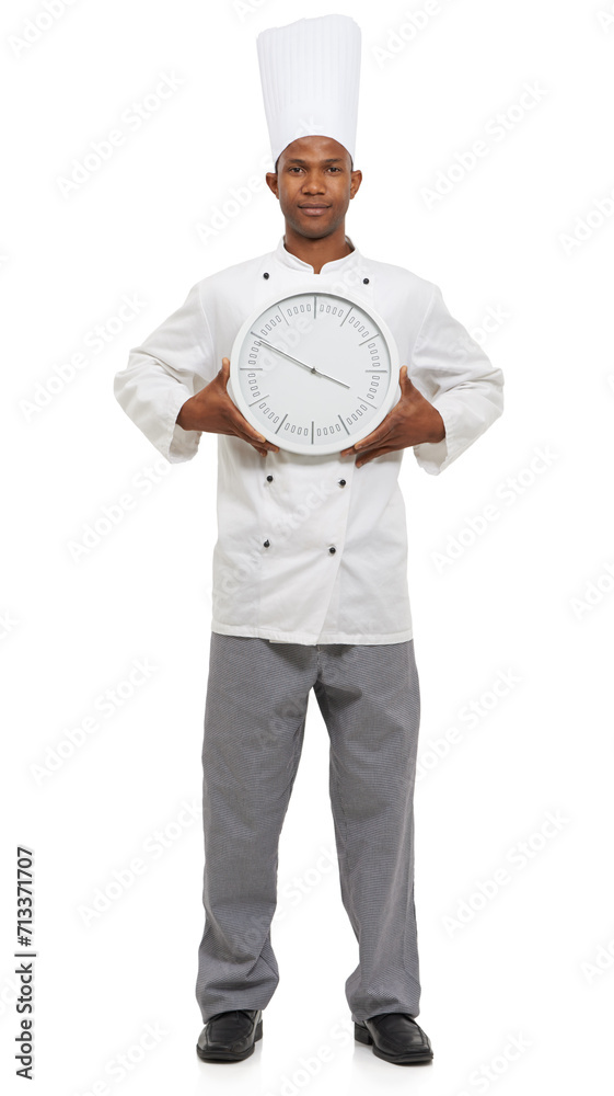 Chef, portrait and man with clock for time, speed or deadline isolated on a white studio background. Serious, cooking professional and countdown alarm for fast urgency of African person in catering Chef, portrait and man with clock for time, speed or deadline isolated on a white studio background. Serious, cooking professional and countdown alarm for fast urgency of African person in catering
