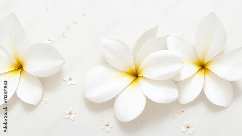 Beautiful Plumeria flowers on white surface Beautiful Plumeria flowers on white surface