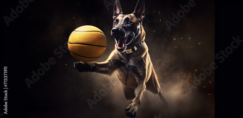 A malinois dog basketball player dribbling a ball in midair photo