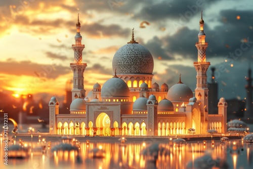 Enchanting 3D Mosque Illustration Intricate Islamic Design
