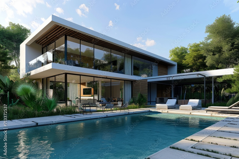 Modern house exterior with a sleek design, large windows, and a spacious swimming pool surrounded by lush landscaping