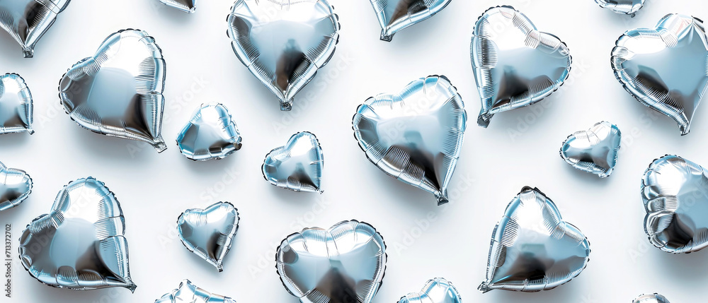 Mockup of silver hearts shaped on white. Flat lay. Top view. View from above. Valentine's Day. Holidays background. Generative Ai Mockup of silver hearts shaped on white. Flat lay. Top view. View from above. Valentine's Day. Holidays background. Generative Ai