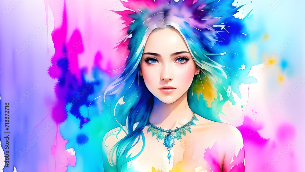 colorful digital painting of a woman with blue hair and a colorful dress colorful digital painting of a woman with blue hair and a colorful dress