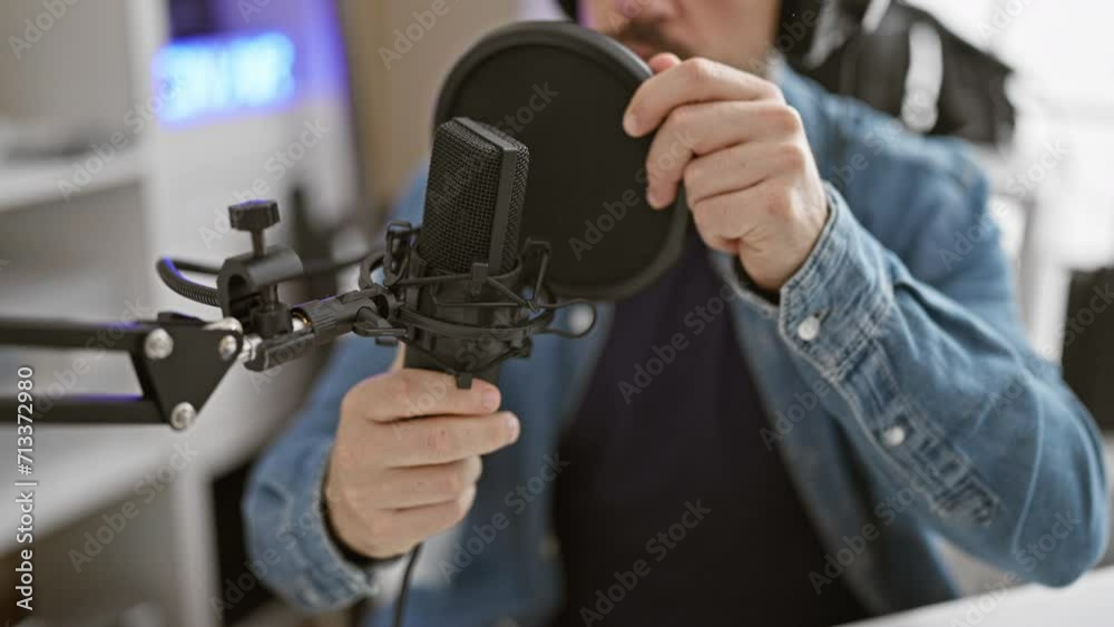 Focused man with headphones adjusting microphone in modern recording studio Focused man with headphones adjusting microphone in modern recording studio